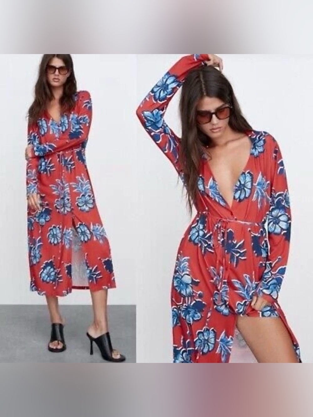 NWT Zara Red Blue Floral Button Front Shirt Dress Stretch Belted Waist Maxi Midi